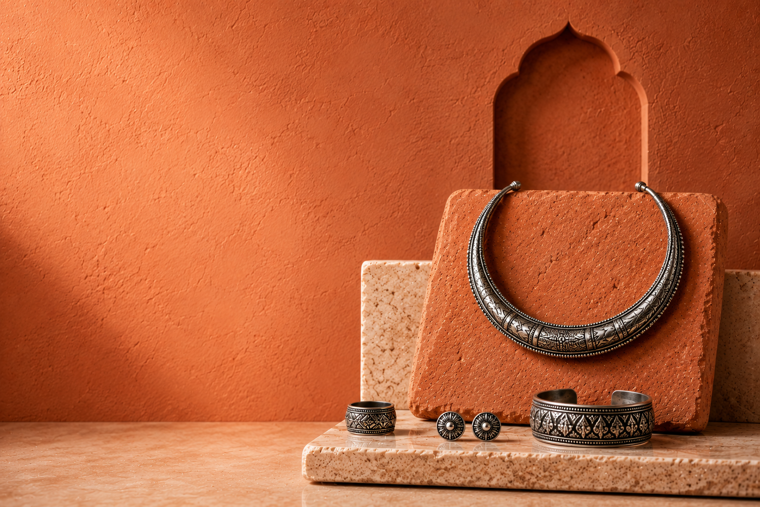 Oxidised silver hasli neckpiece by Shrim Studio on a terracotta backdrop