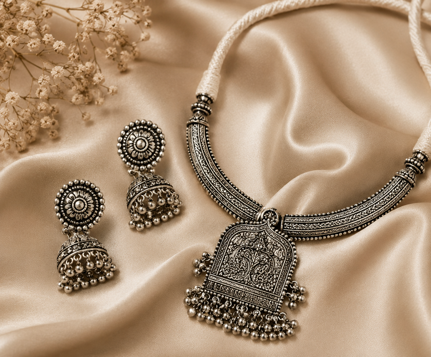 Shrim Studio oxidised jewellery styled with Indian wear
